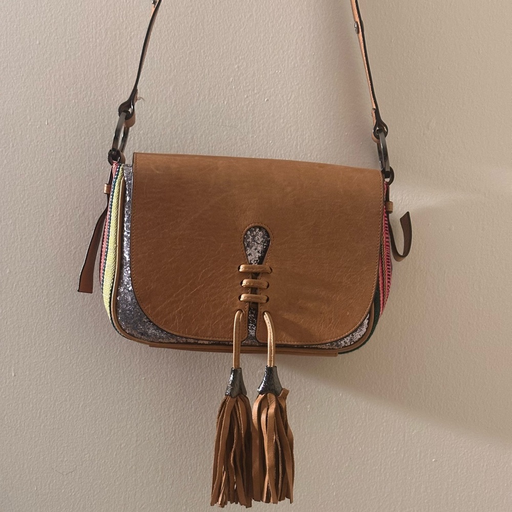 Joey Wolffer leather handbag with silver sequins and multi-colored side panels